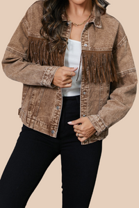 Jenny Fringe Trim Snap Down Denim Jacket