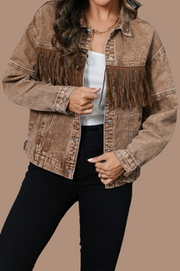 Jenny Fringe Trim Snap Down Denim Jacket