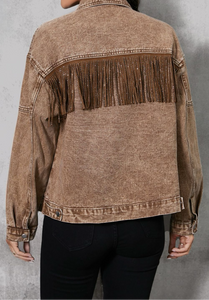 Jenny Fringe Trim Snap Down Denim Jacket