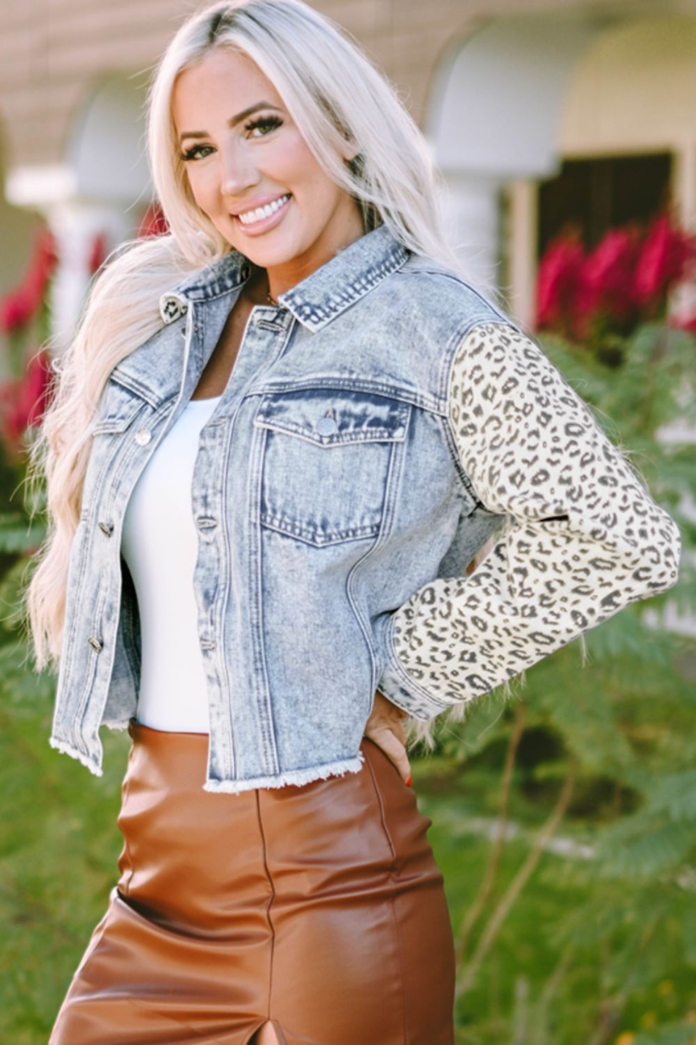 Leopard Lilly Button Up Raw Hem Denim Jacket