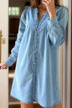 Load image into Gallery viewer, Button Up Notched Long Sleeve Denim Dress
