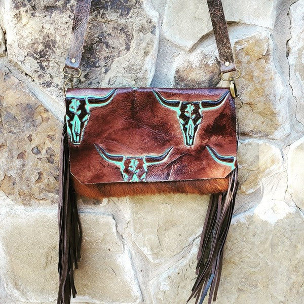 Hair on Hide Handbag w/ Turquoise Steer Head Flap